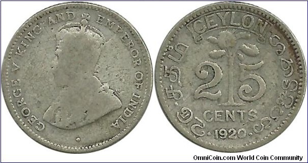 Ceylon-British 25 Cents 1920