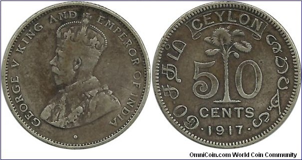 Ceylon-British 50 Cents 1917