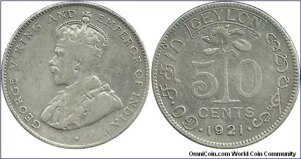 Ceylon-British 50 Cents 1921