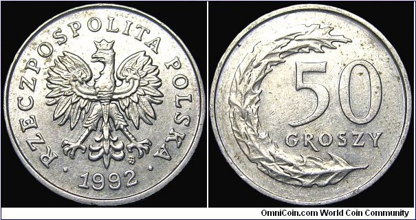 Poland - 50 Groszy - 1992 - Weight 3,9 gr - Copper-nickel - Size 20,5 mm - Thickness 1,5 mm - Alignment Medal (0°) - Engraver Reverse / St. Watróbska-Frindt - Edge : Milled - Mintage 116 000 000 - Reference Y# 281 (1990-2011)
