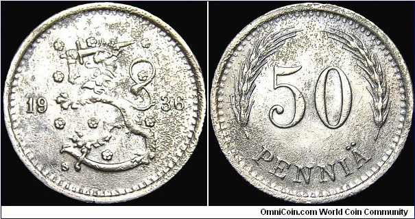 Finland - 50 Pennia - 1936 - Weight 2,55 gr - Copper-nickel - Size 18,5 mm - Thickness 1,25 mm - Alignment Medal (0°) - President / Pehr Evind Svinhufvud (1931-37) - Designer / Isak Gustaf Sundell (Mintmark 