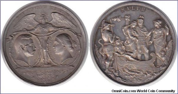 1858 UK Victoria, The Marriage of Princess Victoria, Princess Royal (1840-1901) to Prince Frederick of Prussia, later [for 99 days] Frederick medal by G Loos and W Küllrich. Silver 53MM. 
Obv: Busts of Princess Victoria & Prince Fredrick vis-a-vis, supported by angel. Rev:  The Princess in medieaval galley, is greeted on arrival by Prussia, watched by St George and Britannia, SALVE.
