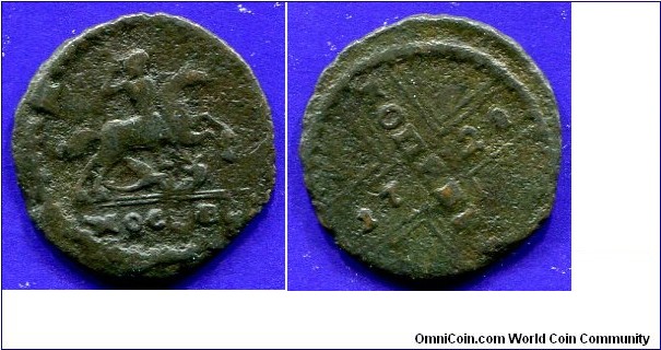 Copper kopeyka.
Russian Empire.
Peter II (1727-1730).
Moscow mint.
This was found crumpled in the Moscow area with metal detectors.


Cu.