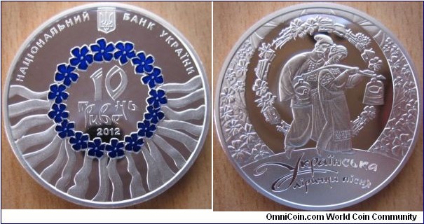 10 Hryvnia - Ukrainian lyric song - 33.74 g Ag .925 Proof (enameled blue flowers) - mintage 5,000