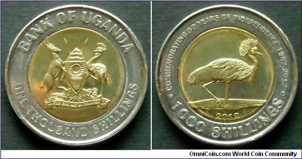 Uganda 1000 shillings.
2012, 50 years of Independence. Bimetal.