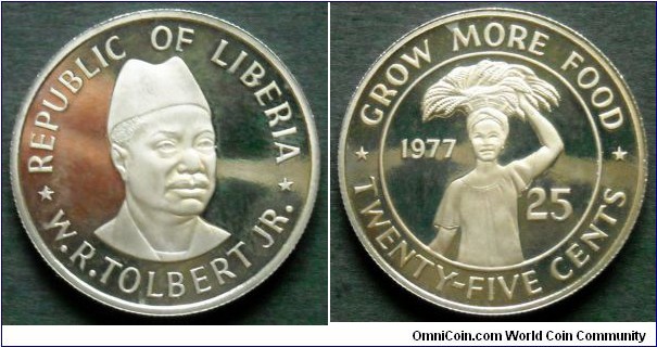 Liberia 25 cents.
1977, F.A.O. issue.
Proof.
Cu-ni. Weight; 5,2g.
Diameter; 23mm.
Mintage: 920 pieces.