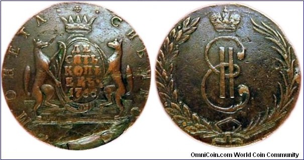 1766 10 Kopeks Copper Rare Lettered Edge in FX