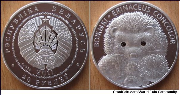 20 Rubles - Hedgehogs - 31.1 g Ag .999 Proof (with two Swarovski crystals) - mintage 4,000