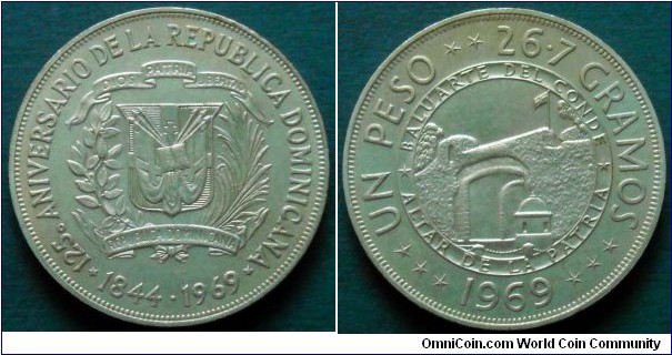 Dominican Republic 1 peso. 1969, 125th Anniversary of the Dominican Republic.
Cu-ni. Weight; 26,7g.
Diameter; 38mm.
Mintage: 30.000 pieces.