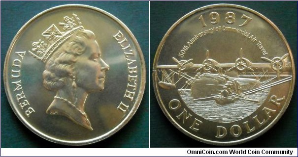 Bermuda 1 dollar.
1987, 50th Anniversary of Commercial Air Travel.
Cu-ni. Weight; 28,28g. Diameter; 38,5mm. Mintage: 9.000 pieces.