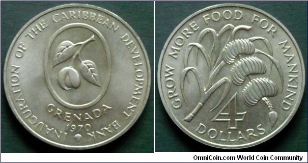 Grenada 4 dollars.
1970, Inauguration of the Caribbean Development Bank / F.A.O issue. Cu-ni.
Mintage: 13.000 pieces.