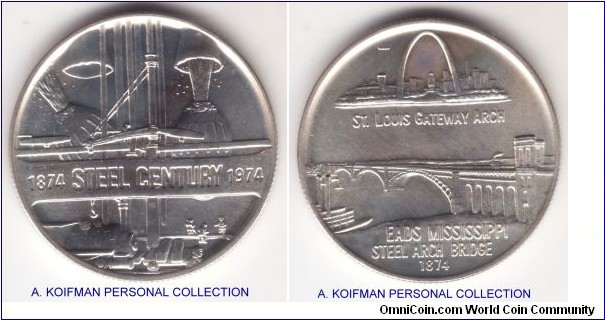 1974 Heraldic Art commemorative medal, Steel Century; silver, reeded edge; excellent luster, mintage 6,000.