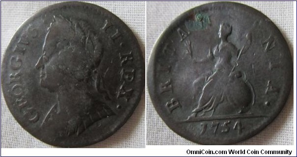 1754 farthing with great details, however it is bent