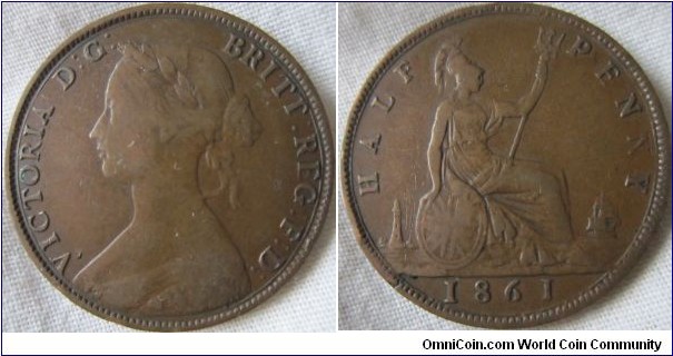 1861 halfpenny, some worn die effects and an unusual R in BRITT