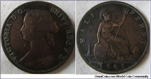 1863 halfpenny, cleaned at some point but a good coin none the less