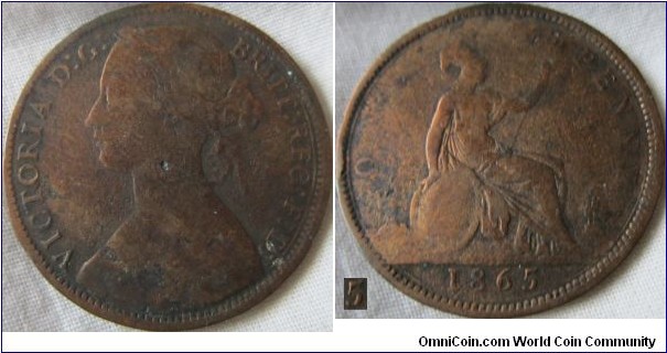 1865 penny, possibly the 5/3 variety