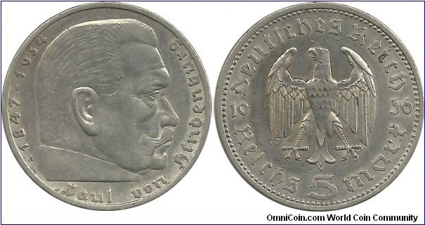 Germany-Nazi 5 Reichsmark 1936A