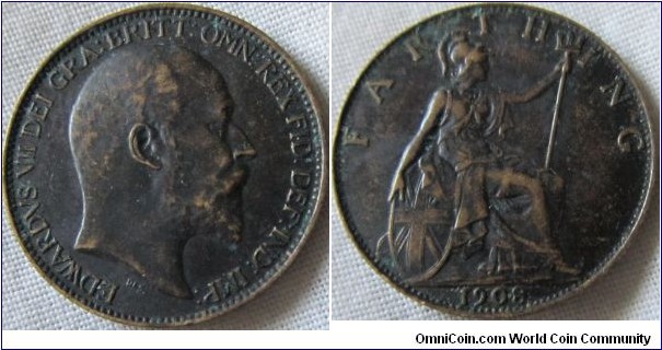 1908 farthing, aEF grade, blackened so wear is clear