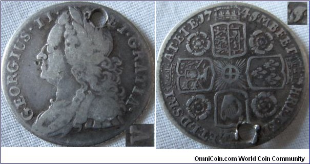1745/3 sixpence, sadly holed but a scarce type