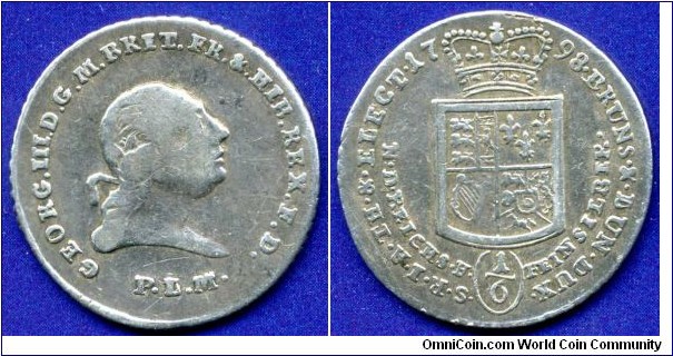 1/6 Thaler.
Braunschweig-Calenberg-Hannover.
Georg III (1760-1820), von Englisch.
*PLM* - Philipp Ludwig Magius, work in 1792-1800 on Clausthal mint.


Ag.