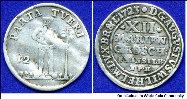 12 marien groschen (1/3 Thaler).
Braunschweig-Wolfenbüttel.
August Wilhelm (1714-1735).
*EPH* - Zellerfeld mint, mintmaster Ernst Peter Hecht, work in 1723-31.


Ag.