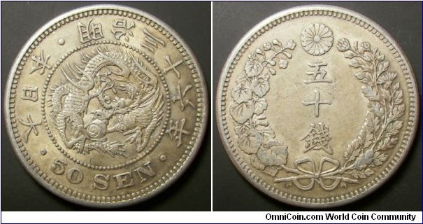 Japan 1903 50 sen. Weight: 13.40g. 