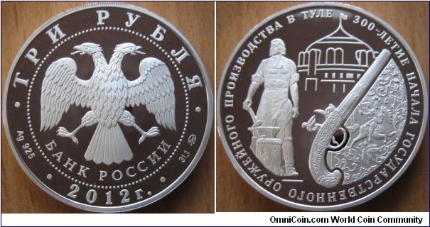 3 Rubles - Tercentenary of arms production in Tula - 33.94 g Ag .925 Proof - mintage 5,000