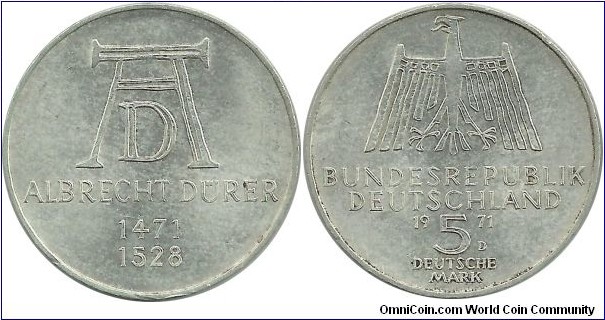 Germany-West 5 DM 1971D-500th Year, Birth of Albrecht Dürer