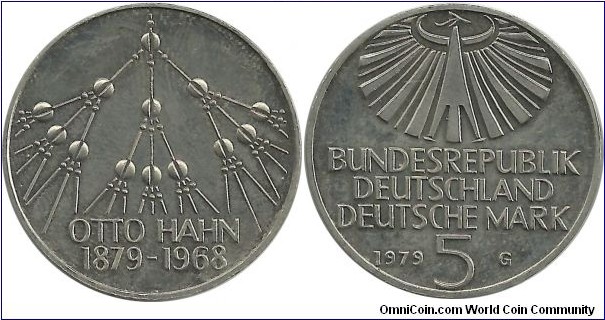Germany-West 5 DM 1979G-100th Year, Birth of Otto Hahn