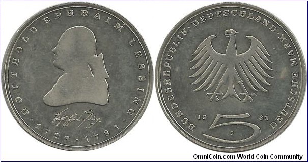 Germany-West 5 DM 1981J-200th Year, Death of Gotthold Ephraim Lessing