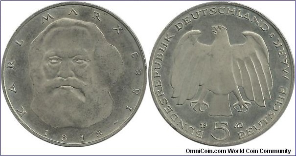 Germany-West 5 DM 1983J-100th Year Death of Karl Marx