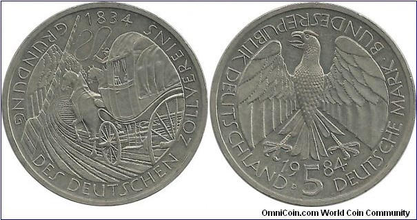 Germany-West 5 DM 1984D-150th Year, German Customs Union