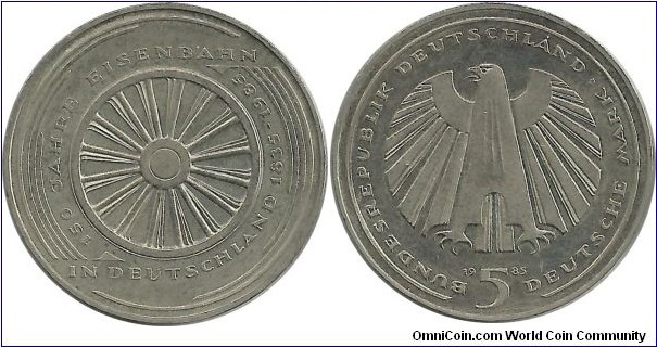 Germany-West 5 DM 1985G-150th Year, German Railroad