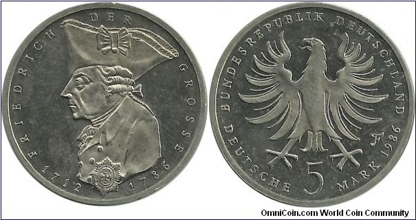 Germany-West 5 DM 1986F-200th Year, Death of Friedrich der Grosse