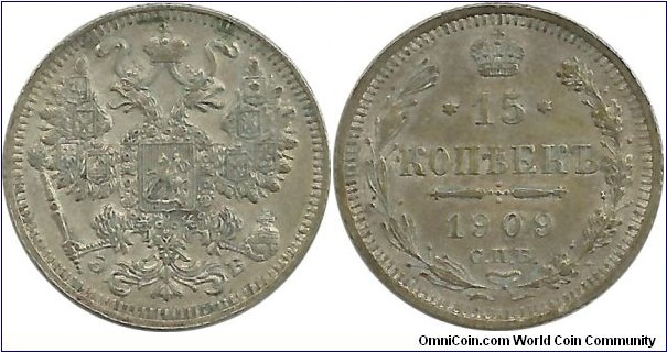 Russia-Empire 15 Kopek 1909