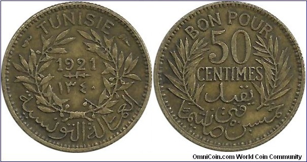 Tunusie 50 Centimes 1340-1921