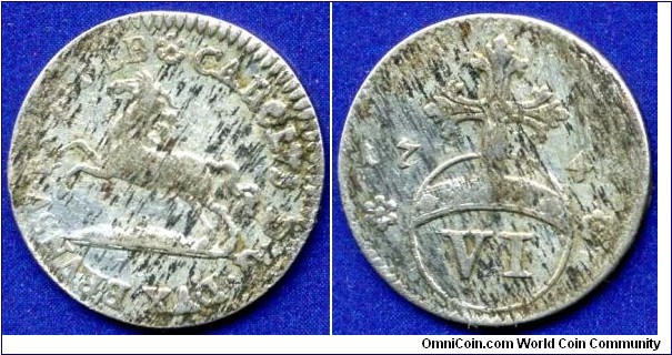 6 pfenning.
Braunschweig-Wolfenbüttel.
Karl (1735-1780).


Ag (Bilon).