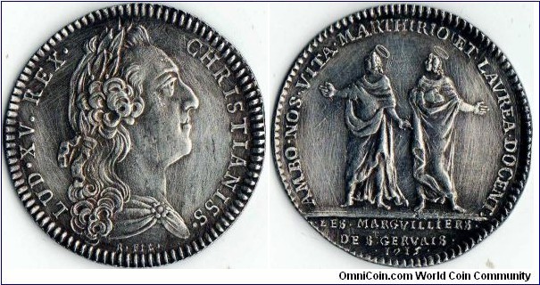 silver jeton issued for the wardens of St Gervais, Paris. originally struck under Louis XIV, This jeton bears Louis XV obverse circa 1750.