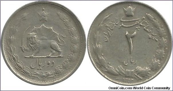 IranKingdom 2 Rial SH1353(1974)(narrow date) M. RezaShah