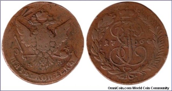 1764 5 KOPECK 1764 in VF.  RARE Recoining / Restrike from 1762 10 kopeks. Unfortunately, not recurved to date.
