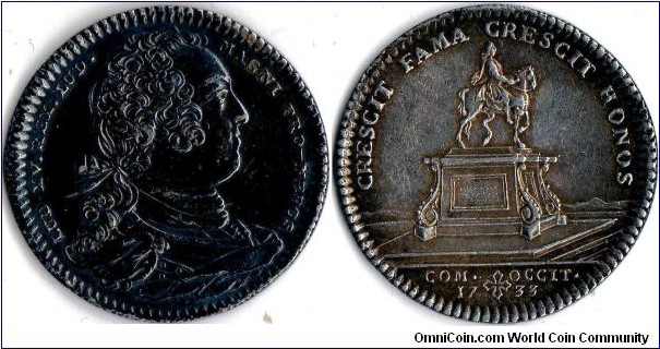 scarcer silver jeton dated 1733 minted for the Languedoc Estates (Parliament). \obverse juvenile bust of Louis XV. Reverse, equestrian statue of Louis XIV at Place du Peyrou, Montpellier. This example has a rather dark toned obverse.
