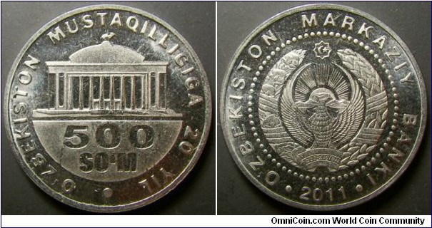 Uzbekistan 2011 500 som. Variety 1 with sun. Weight: 6.01g. 