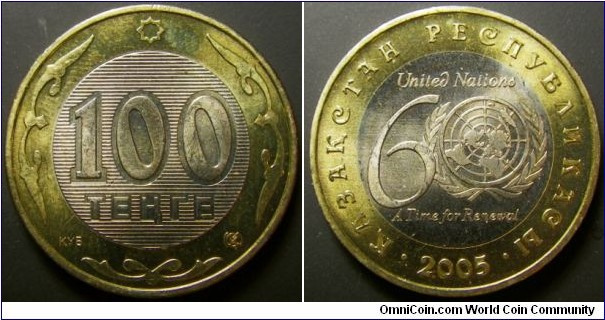 Kazakhstan 2005 100 tenge, commemorating 60th anniversary of UN. 