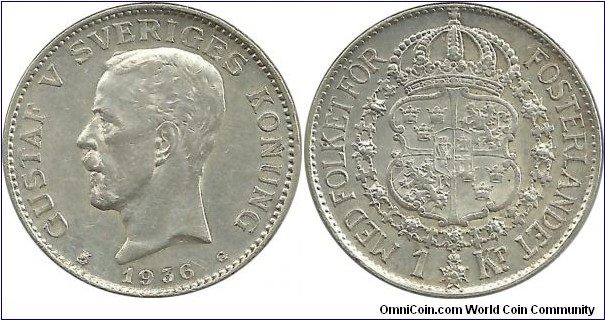 Sweden 1 Krona 1936 - 7.50g 0.800 Ag