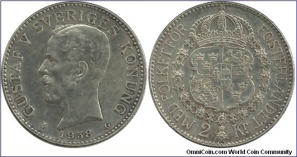 Sweden 2 Kronor 1938 - 15.00g 0.800 Ag