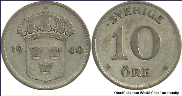 Sweden 10 Öre 1940-Ag