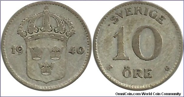 Sweden 10 Öre 1940-Ag