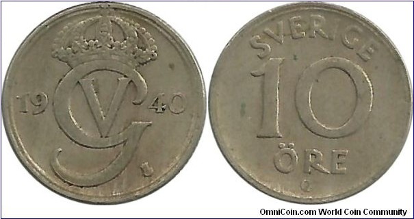 Sweden 10 Öre 1940G -Ni-