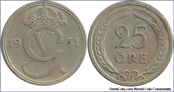 Sweden 25 Öre 1941G -Ni-