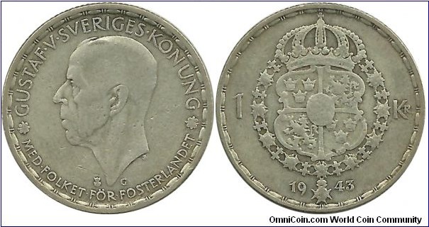 Sweden 1 Krona 1943-type2 (Plain 4)